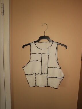 White Contrast-Trim Patchwork Crop Top